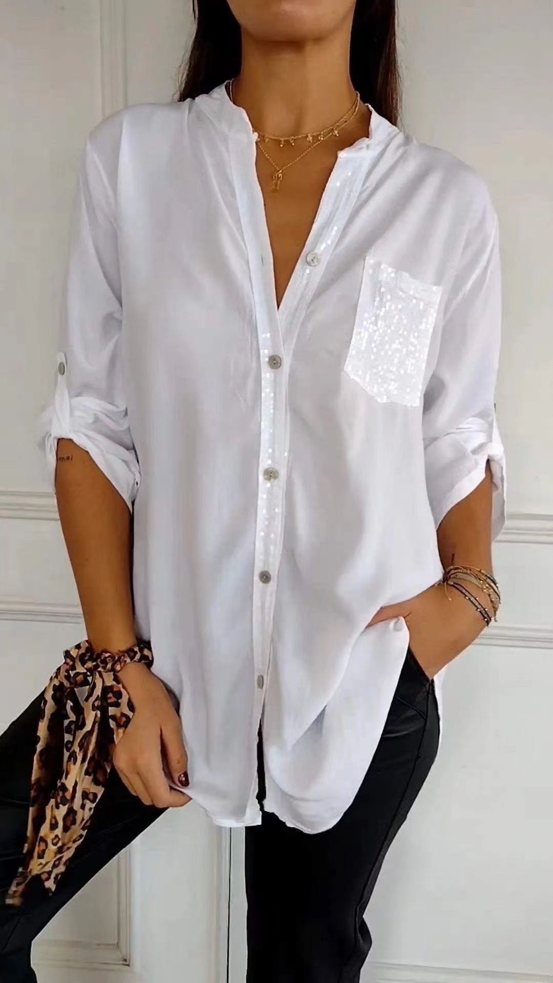 Sequin Pocket Button-Down Shirt