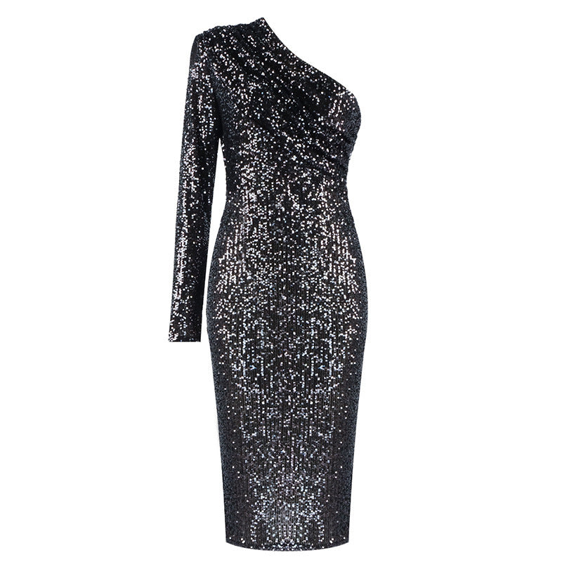 Oblique Collar Sequins Dress