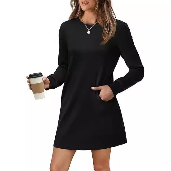 ✨Hot Sale Women's Solid Long-Sleeve Round Neck Dress with Pockets