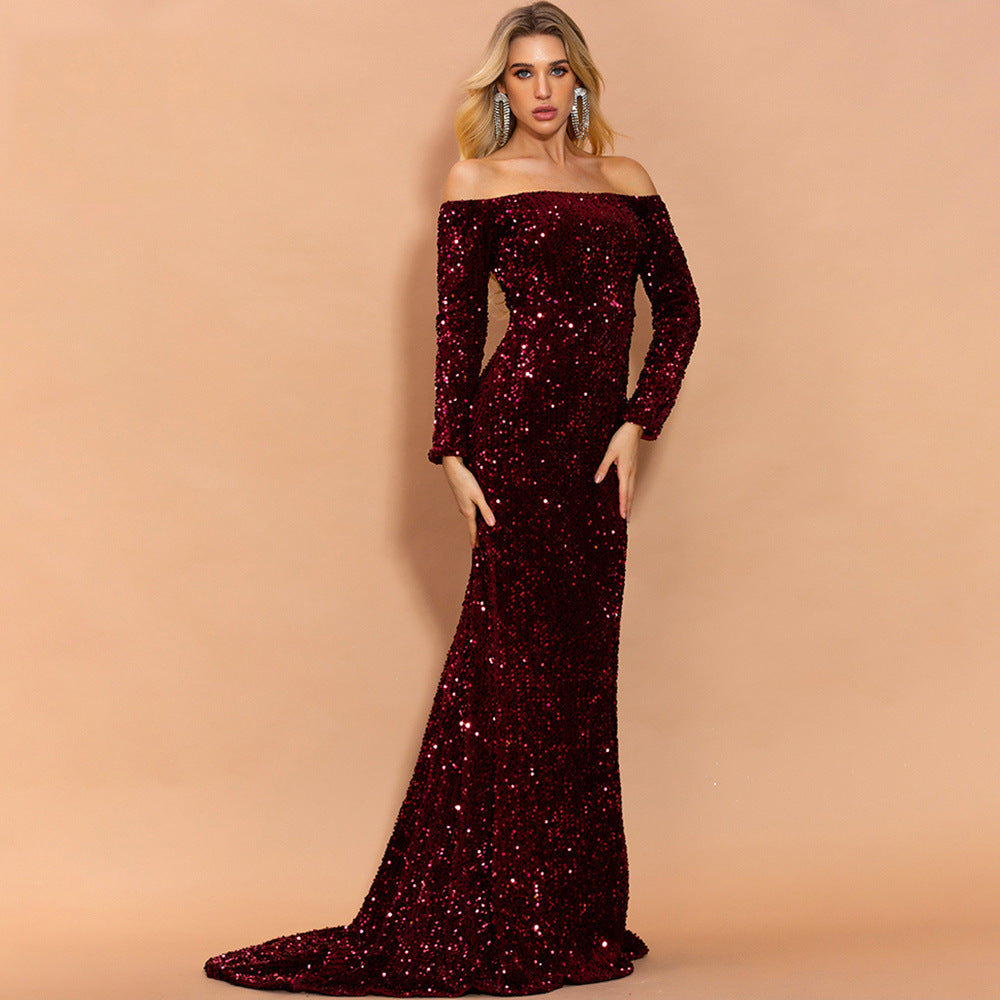 Strapless Long Sleeve Sequin Evening Dress