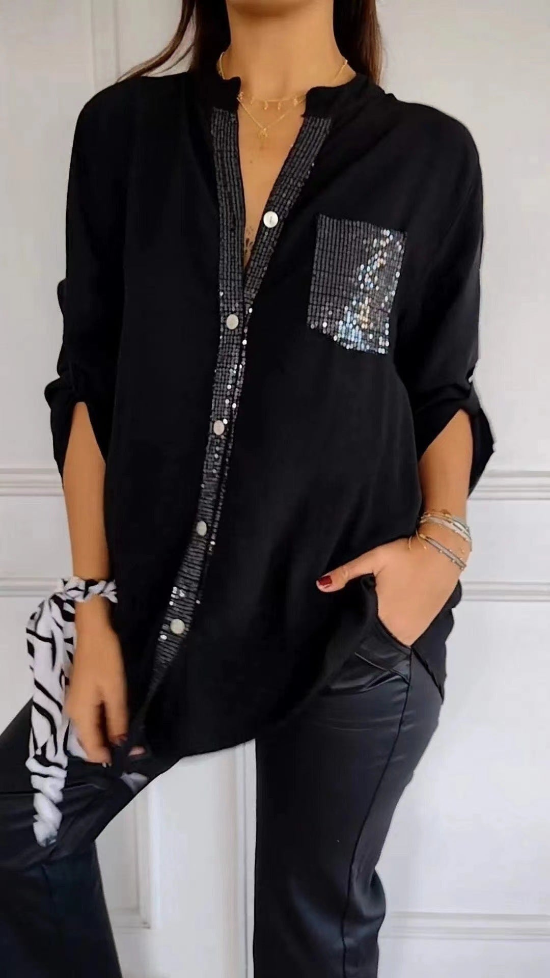 Sequin Pocket Button-Down Shirt