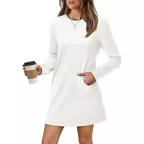 ✨Hot Sale Women's Solid Long-Sleeve Round Neck Dress with Pockets