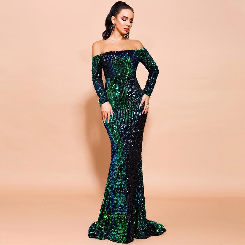 Strapless Long Sleeve Sequin Evening Dress