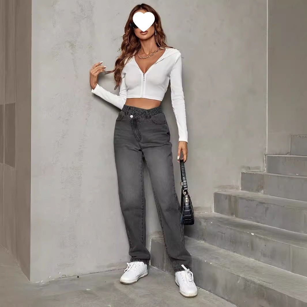 Trendy High-Waist Loose Denim Trousers