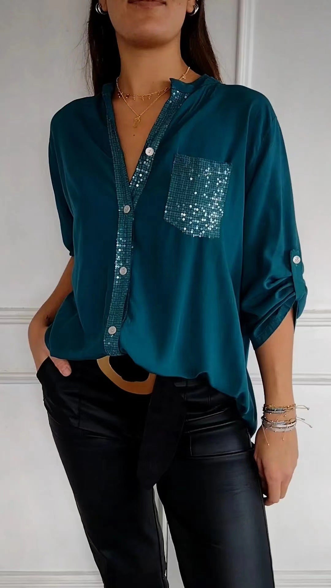 Sequin Pocket Button-Down Shirt