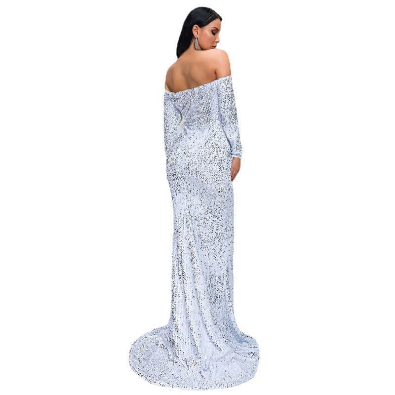 Strapless Long Sleeve Sequin Evening Dress