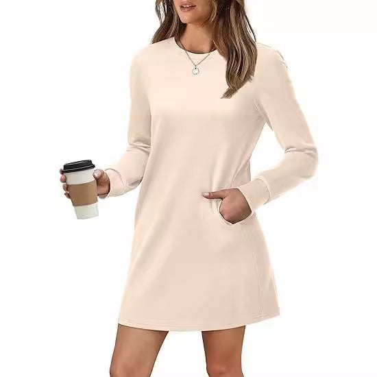 ✨Hot Sale Women's Solid Long-Sleeve Round Neck Dress with Pockets