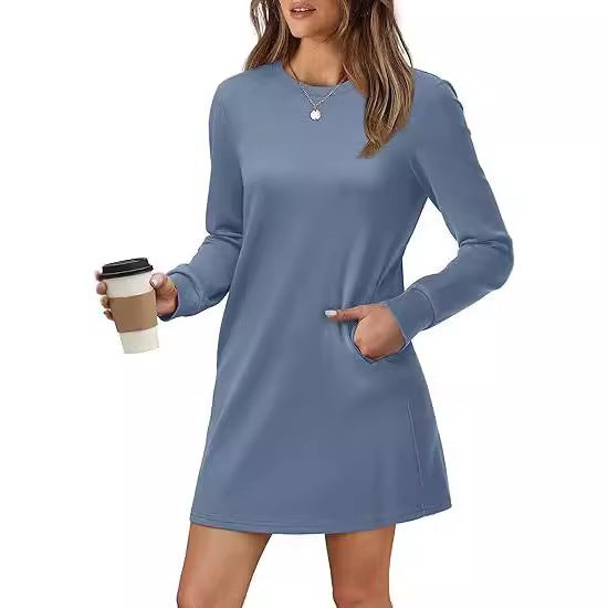 ✨Hot Sale Women's Solid Long-Sleeve Round Neck Dress with Pockets