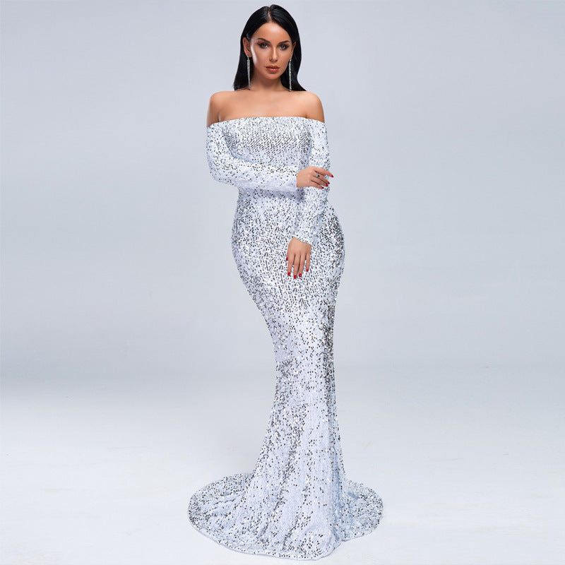 Strapless Long Sleeve Sequin Evening Dress